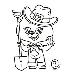 Cute cartoon teddy bear farmer with chickens coloring book on white background