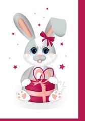 Happy Birthday. Cute little rabbit or hare sitting with gift. Greeting card for girl birthday, party and other holiday.
