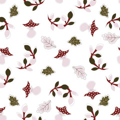 Delicate autumn seamless pattern with funny amanita curved twigs and falling leaves on a white background. Isolated vector illustration in flat style for packaging, print on clothes  brown paper