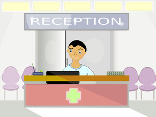 Young healthcare worker at the reception desk of a health center checking data on his computer 