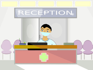 Young receptionist with anti Covid 19 mask from the healthcare sector behind the front desk interacts on the computer while backing up chairs waiting for vaccination or other ailments requiring medica