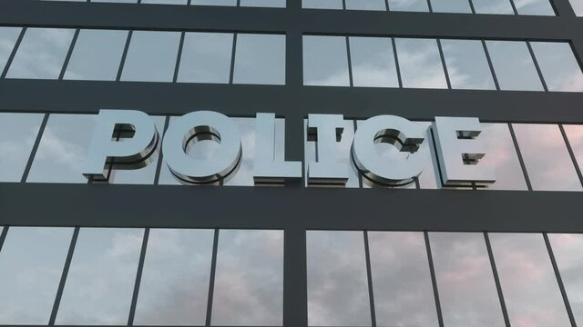 Police sign on a modern glass skyscraper. Police glass building