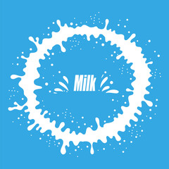Pouring Milk Splash on Blue Background. White Creamy Liquid Drops. Fresh Farm Milky Flow Drink. Minimalist Poster