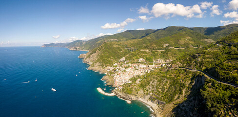 Obraz premium aerial/drone view of Manarola, a small village of the Cinque Terre National Park, Tuscany Italy 