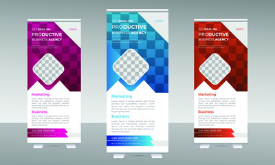 Creative roll up banner template. Vertical roll-up template, banner stand, or flag design layout.
Abstract modern stand banner template design. Abstract, vertical