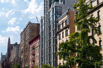 Row of Buildings and Skyscrapers along a Street in Morningside Heights of New York City