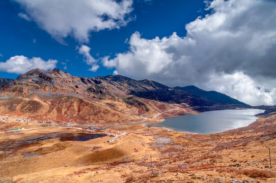 View of Elephant Lake, named due to it's shape as a lying elephant, remote high altitude lake at kupup Valley, Sikkim. Himalayan mountain range, Sikkim, India