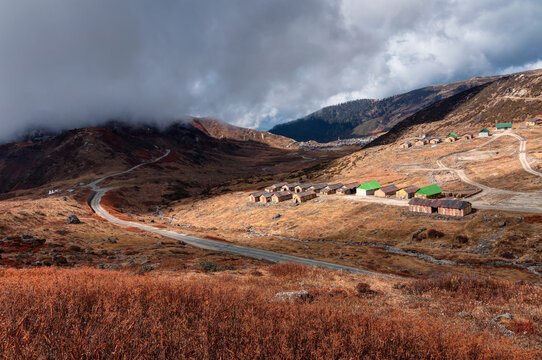 Top view of Kupup Valley, at about 13000 feet high from sea level, Sikkim, India with beautiful Himalayan mountain range in the background. Indian Chinese border.