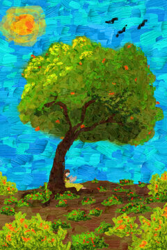 Painting, Illustration of a girl reading a book under a shady tree