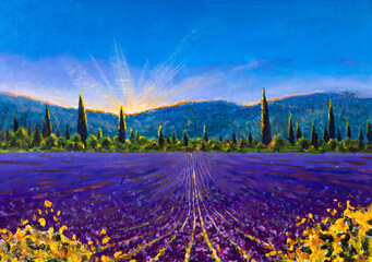 Hand drawn oil painting Sunny lavender fields in Sault Village in Vaucluse Provence France. Cloude  paint monet flower art background. Oil painting on canvas. - obrazy, fototapety, plakaty