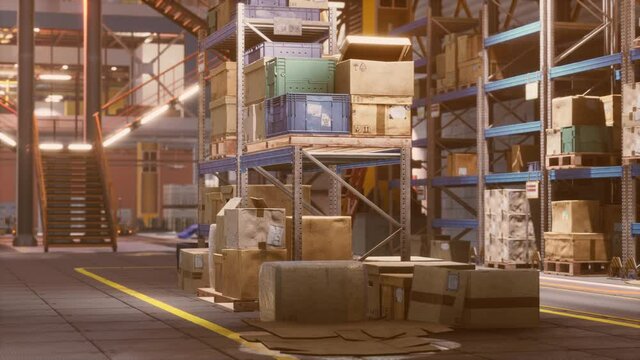 Modern warehouse shelves with pile of cardboard boxes