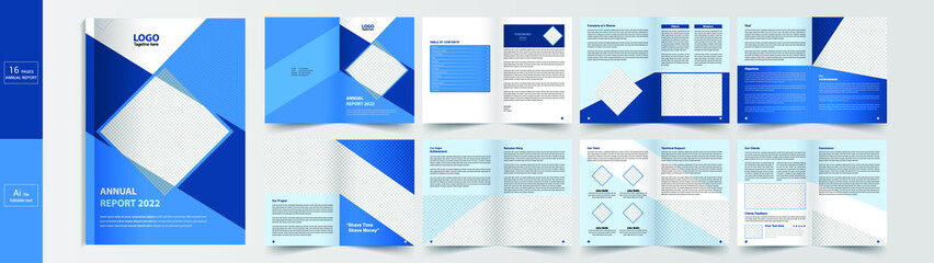 Annual report Design, Corporate business presentation guide brochure template, 16-page minimalist flat geometric business brochure design template, A4 size.