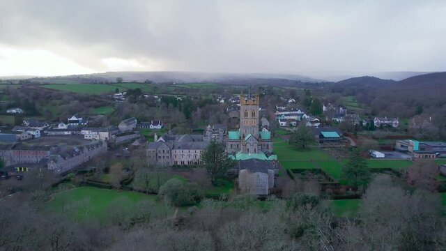 Buckfast Abbey Church from a drone, Buckfastleigh, Devon, England, Europe