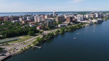 Fototapeta na wymiar Drone Over Lake Looking at Downtown Madison, WIsconsin (Summer)