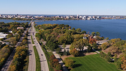 Drone over John Nolen Drive in Madison, WI during peak fall colors (Wisconsin)