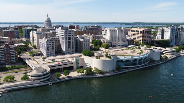 Drone Over Lake Looking at Downtown Madison, WIsconsin (Summer)