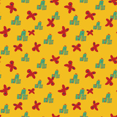 butterflies and birthday gifts pattern on yellow