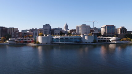 Fototapeta na wymiar Drone in Downtown Madison, WIsconsin Looking at State Captiol Building