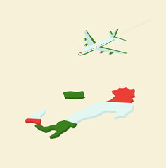 map of Italy with a flag, Plane flying over Italy, vector illustration
