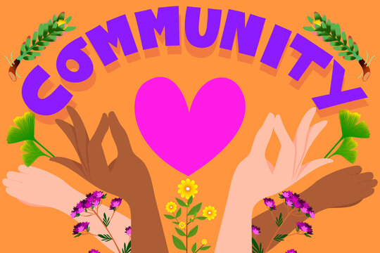 Hands holding a  heart with a Community Lettering  and and herbs, flowers and leaves