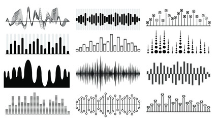 Set Black Collection Abstract Elements Audio Waves Voice Sound Music Shapes Vector Design Style
