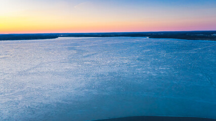 Sunrise over Frozen Lake (Lake Monona, Madison, WIsconsin) Winter Drone Aerial Photography