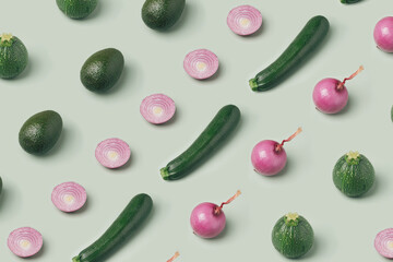 Plant diet ingredients arranged on a pastel green  background. Organic vegetables pattern