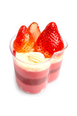 Homemade Strawberry Mousse Cheese Cake, delicate dessert in heart shaped with fresh strawberries on top , suitable for teatime, isolated on white background. Clipping path