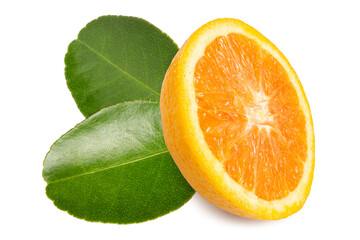 Sliced Organic Fresh Ripe Grapefruit with green leaves on white background. Clipping path