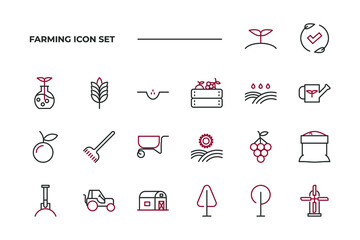 simple set of farming vector icons with editable line styles covering tractor, tree, sunlight and other. isolated on white background. 