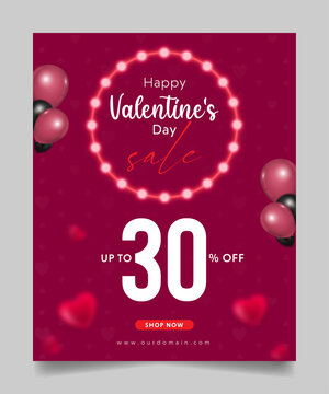 happy valentine's day sale poster or web banner template with light circle balloon and heart 