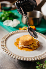 A delicious-looking dessert is awaits us.