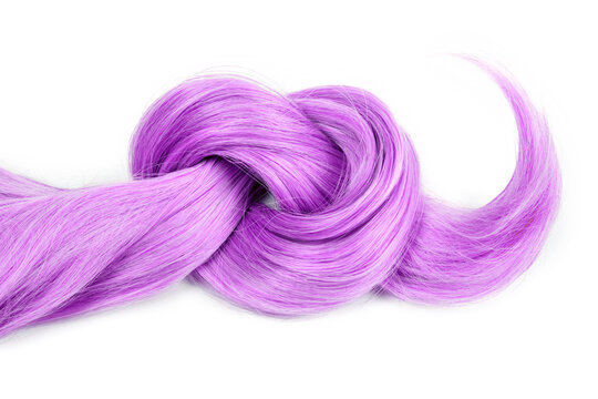 Purple Hair Lock Tied In Knot. Strand Of Violet Hair Isolated On White Background, Top View. Hairdresser Service, Hair Strength, Haircut, Dying Or Coloring, Hair Extension, Treatment Concept.