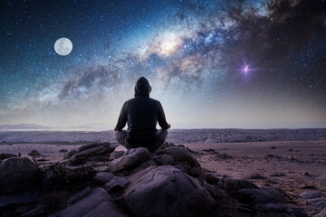 unknown person meditating outdoors at night on top of the mountain with  Milky Way and Moon...
