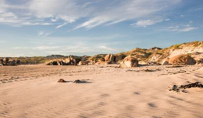 Beach rocks and dunes on a beach at sunset in Jacobsbaai, South Africa.