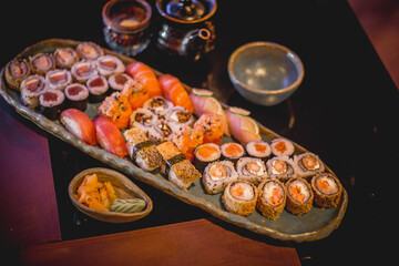 Perfect Sushi Japanese Asian Seafood Food Dish Drink Cocktail Dessert Menu Gourmet Restaurant Chef on Dark Background