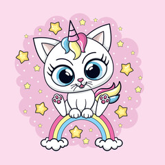 Cute little cartoon cat white unicorn sitting on a rainbow. For children's design of prints, posters, stickers, postcards. Vector