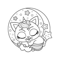 Cute kitten unicorn sleeps on the moon among the stars. Black and white, linear image. For children's design of coloring books, prints, posters, stickers, postcards, etc. Vector