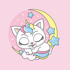 White, cartoon kitten unicorn sleeps on the moon. For children's design of prints, posters, cards, stickers, etc. Vector