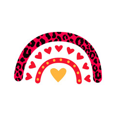 Pink leopard Valentines Day vector rainbow. Cartoon rainbow red hearts.