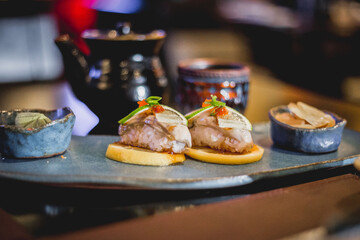 Perfect Sushi Japanese Asian Seafood Food Dish Drink Cocktail Dessert Menu Gourmet Restaurant Chef on Dark Background