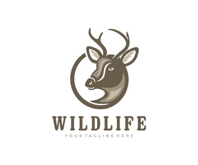 Deer with horns, deer head, animal and nature, logo design. Hunting, hunt, wildlife, vector design and illustration