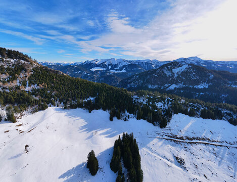 Aerial View Over The Mountains Karren And Breitenberg With The Mountain Restaurant, The Rheintal And Dornbirn. In The Background Is The Alpstein Mountain Range In Switzerland.