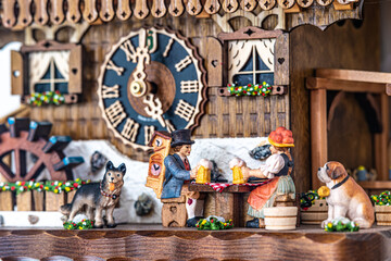 Cuckoo Clock with people drinking beer with their dog