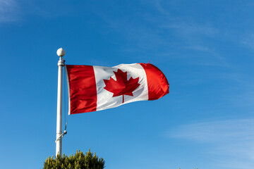 Canadian national flag on a blue sky background