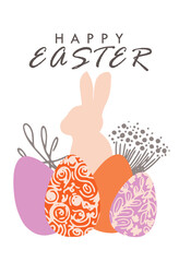 Beautiful vector postcard with a rabbit, colored eggs, a beautiful inscription happy Easter. Pink and orange colors. Simple flat and cartoon style. Background design, postcards, stickers, flyers.