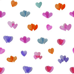 Watercolor hearts seamless background. Pink, colorful watercolor heart pattern. Colorful watercolor romantic texture.