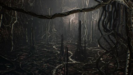 A creepy old cave inhabited by unusual and nightmarish creatures. The concept of creepy monsters and creatures. An old ancient cave with tentacles. Animation ideal for sci-fi or fantasy backgrounds.