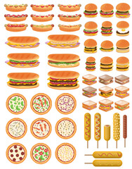Set of fast food concept sandwich hot dogs subs burgers pizza and corn dogs illustration vector