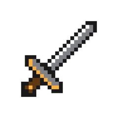 Sword game pixelated icon vector illustration design. Object of cold steel arms, ancient defense. Knight's steel sharp blade with golden handle minimalistic pixel graphic thing isolated on white